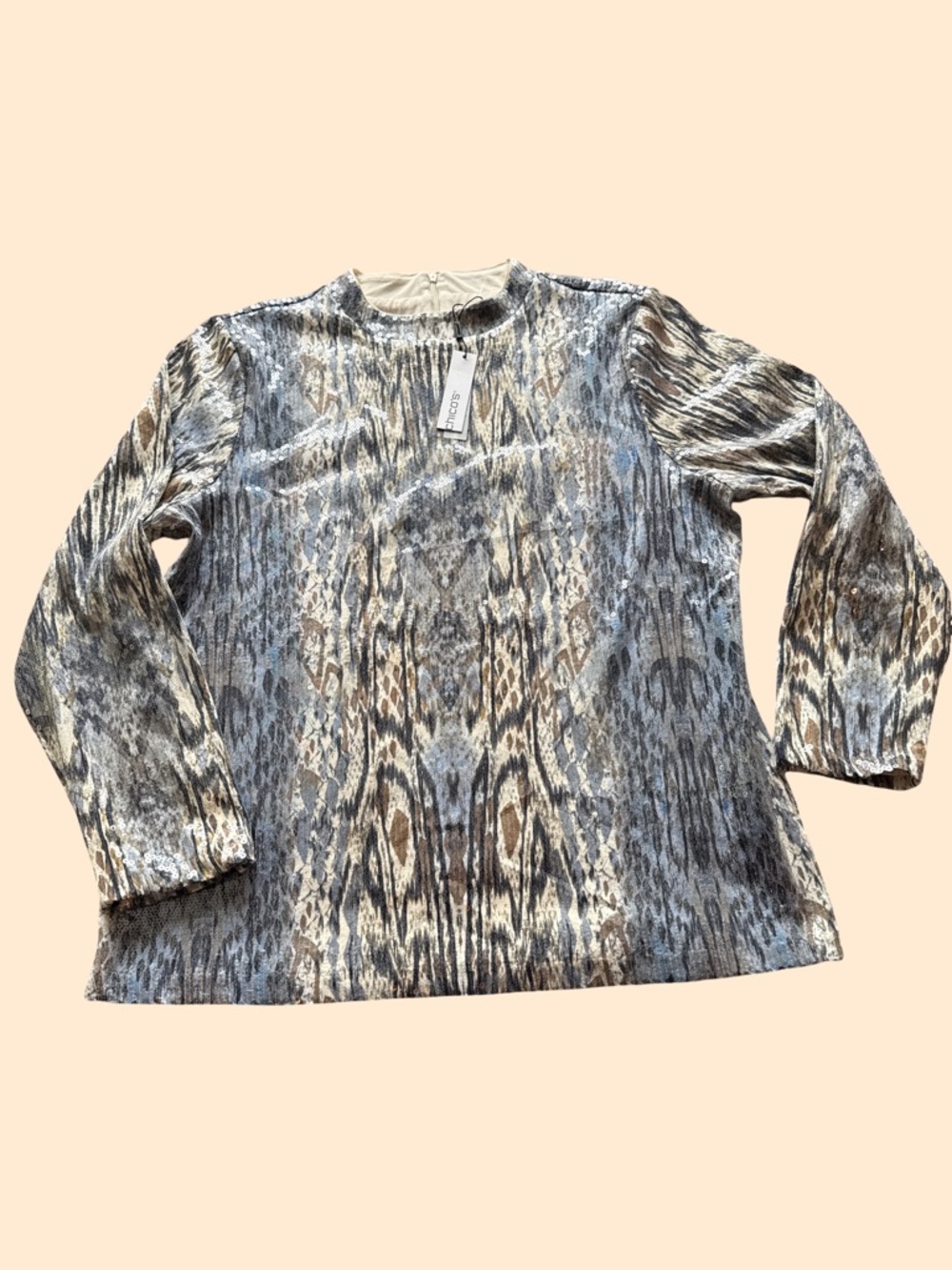 Chico's Sequined Abstract Stripe Top in Blue, Cream & Brown